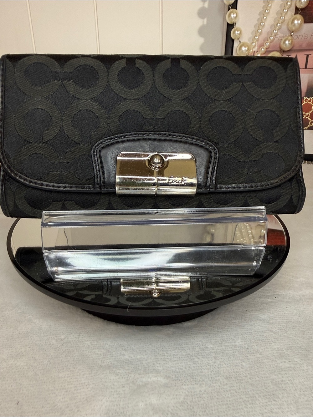 Coach Black Signature Jacquard Wallet Leather Trim